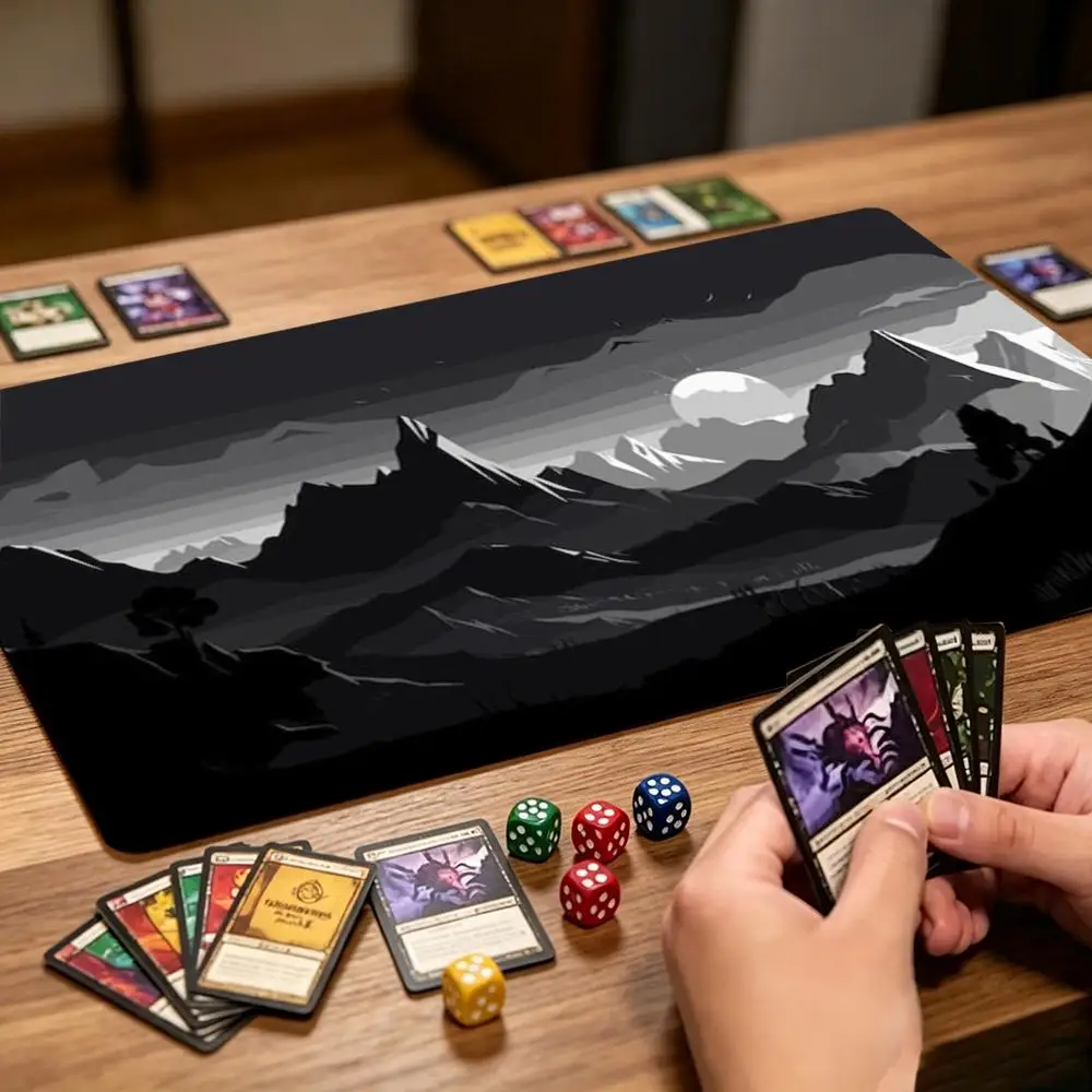 Monochrome Mountain Moon Night TCG Playmat Large Desk Mat Mouse Pad Mousepad Non‑Slip Table Mat For Card Game Desktop Tabletop