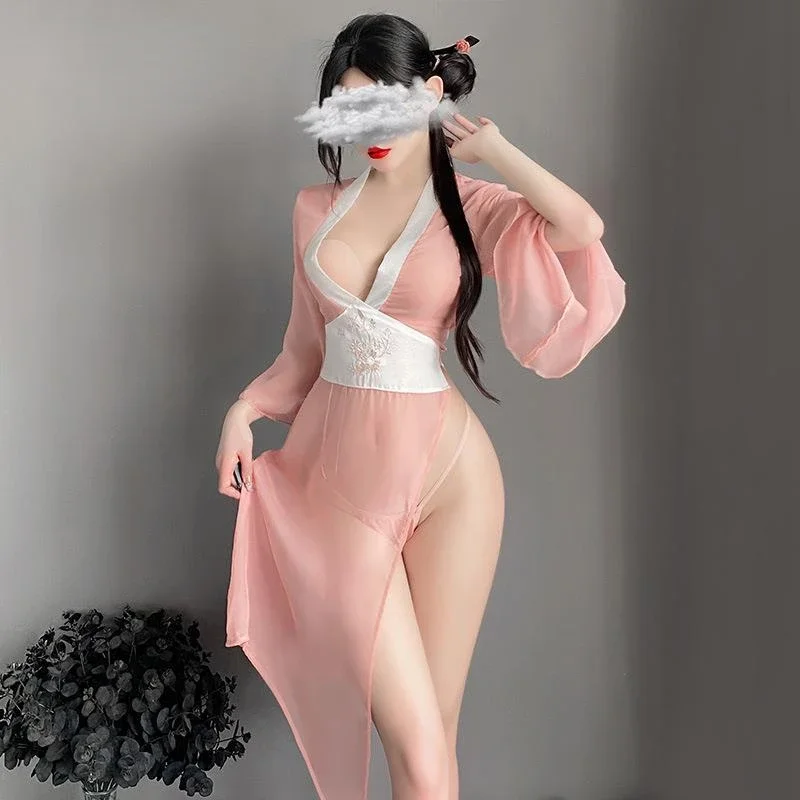 

Sexy Hanfu cosplay costumes deep V erotic dresses see-through women elegant pink Chinese antique-style lingerie bed temptation