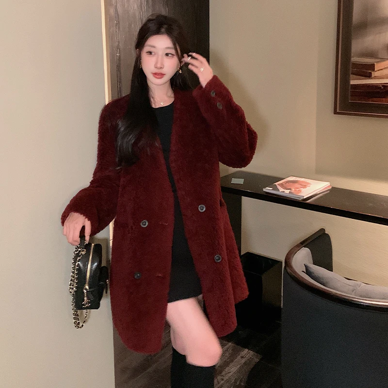

Ladies Mid-Length Lamb Fur Coat Women's Leather And Fur Inteated Autumn Winter New Sle V-Ne Long Sve Stand Fit