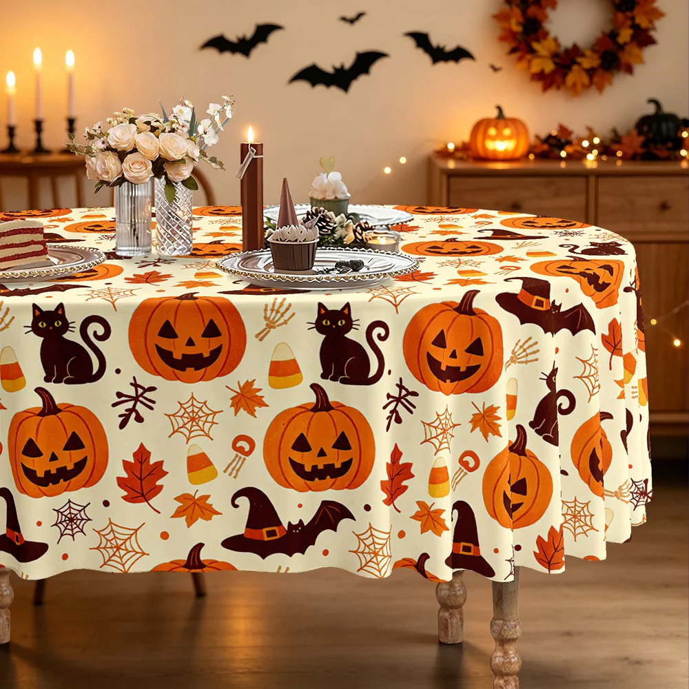 One Halloween-themed pumpkin and witch hat printed tablecloth, suitable for holiday parties and family gatheringszyc