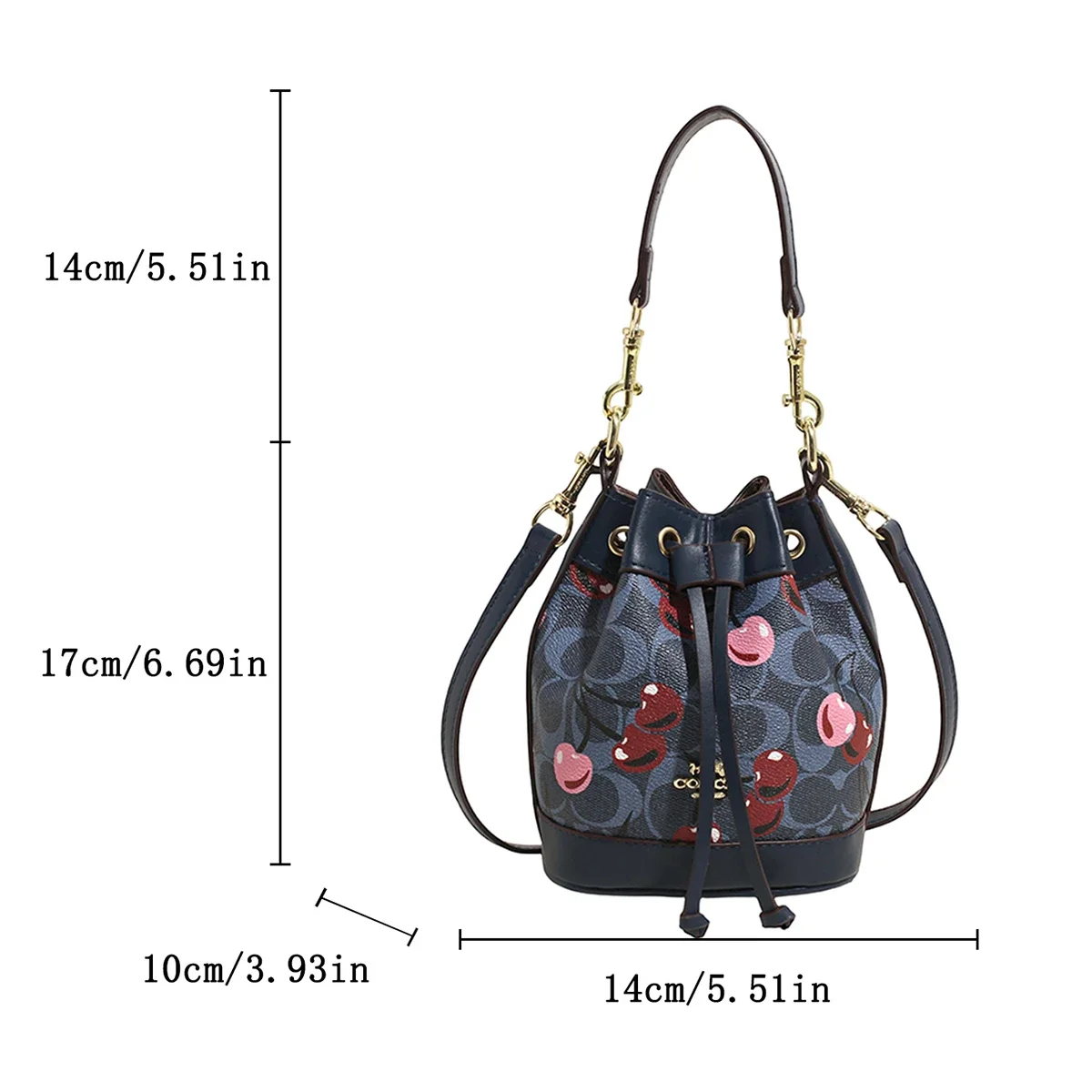 2025 Fashion Cherry Print Bucket Bag For Women Quilted  PU Large Capacity Drawstring Top Adjustable StrapCrossbody Bag for Daily