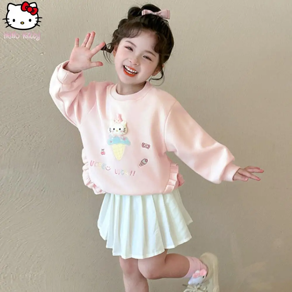 

Модная повседневная детская футболка с длинными рукавами Kawaii Hello Kitty, толстовка с круглым вырезом в стиле аниме, одежда для девочек с героями мультфильмов
