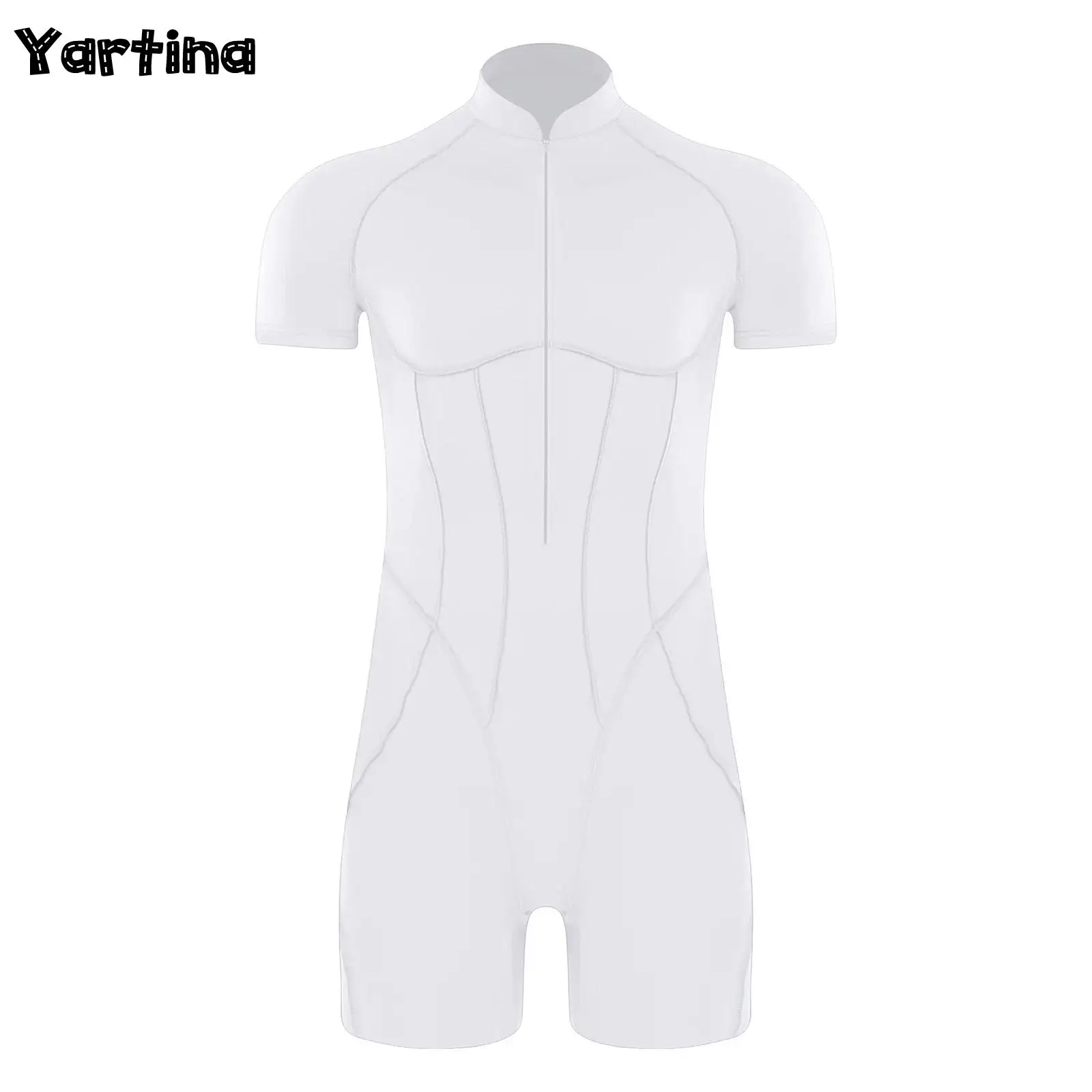 

Mens Short Sleeve Shorts Bottom Leotard Jumpsuit Rompers Bodysuit Swimwear Front Zip Swimsuit Bodybuilding Cycling Swimming Suit
