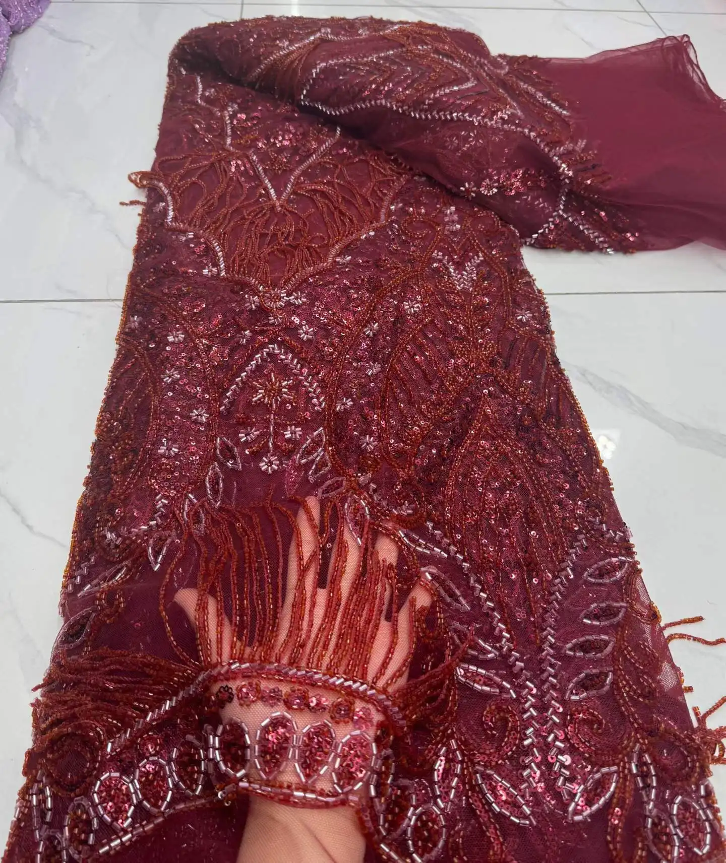 

2026 Latest African Beaded Lace Fabric Red Embroidery French Mesh Sequins Lace Fabric Nigerian Tulle Laces For Party Dresses