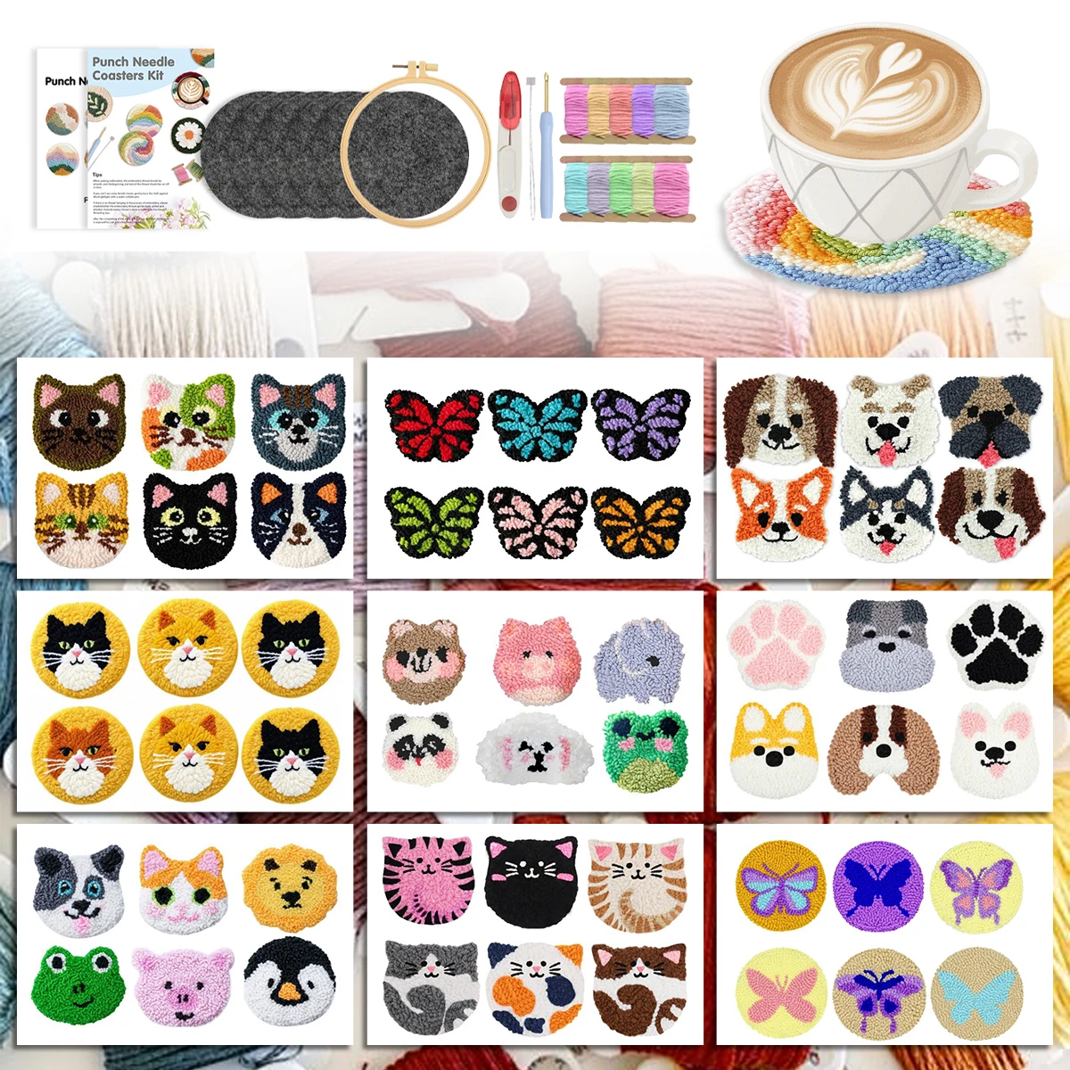 GATYZTORY Punch Needle Coaster Kit animals 6pcs Needle Arts Craft Embroidery Kit For Beginners Individual Table Placemats Mats