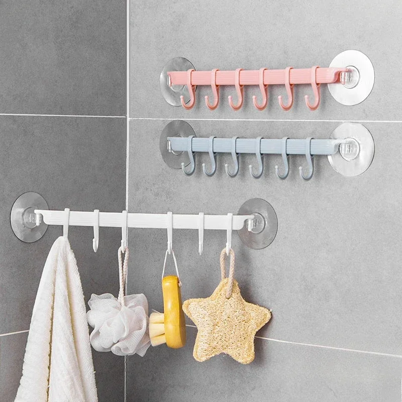 1Pc Multi-Purpose 6 Hooks Blue/White Suction Cup Type Hook 6 Rows Kitchen Bathroom Corner Suspension Without Marks Hanger Hook