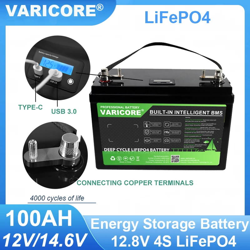 VariCore 12,8 V 100AH LiFePO4 batería 12V baterías de fosfato de hierro y litio para encendedor de coche 14,6 v carrito de Golf energía Solar