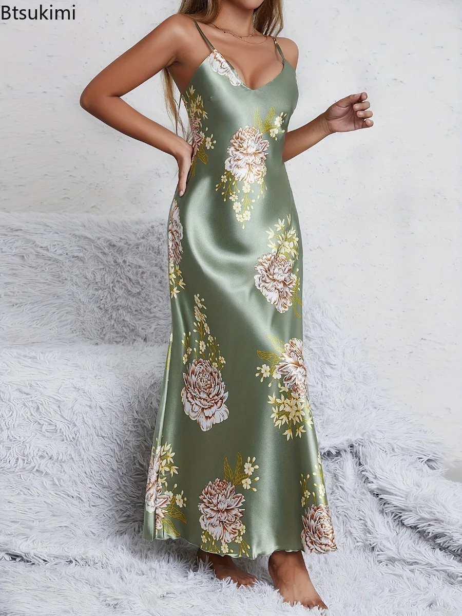 2025 신상 여성 여름 우아하고 섹시한 V넥 플로럴 프린트 실키하고 편안한 부드러운 슬립 나이트가운 슬립 드레스 라운지웨어 잠옷