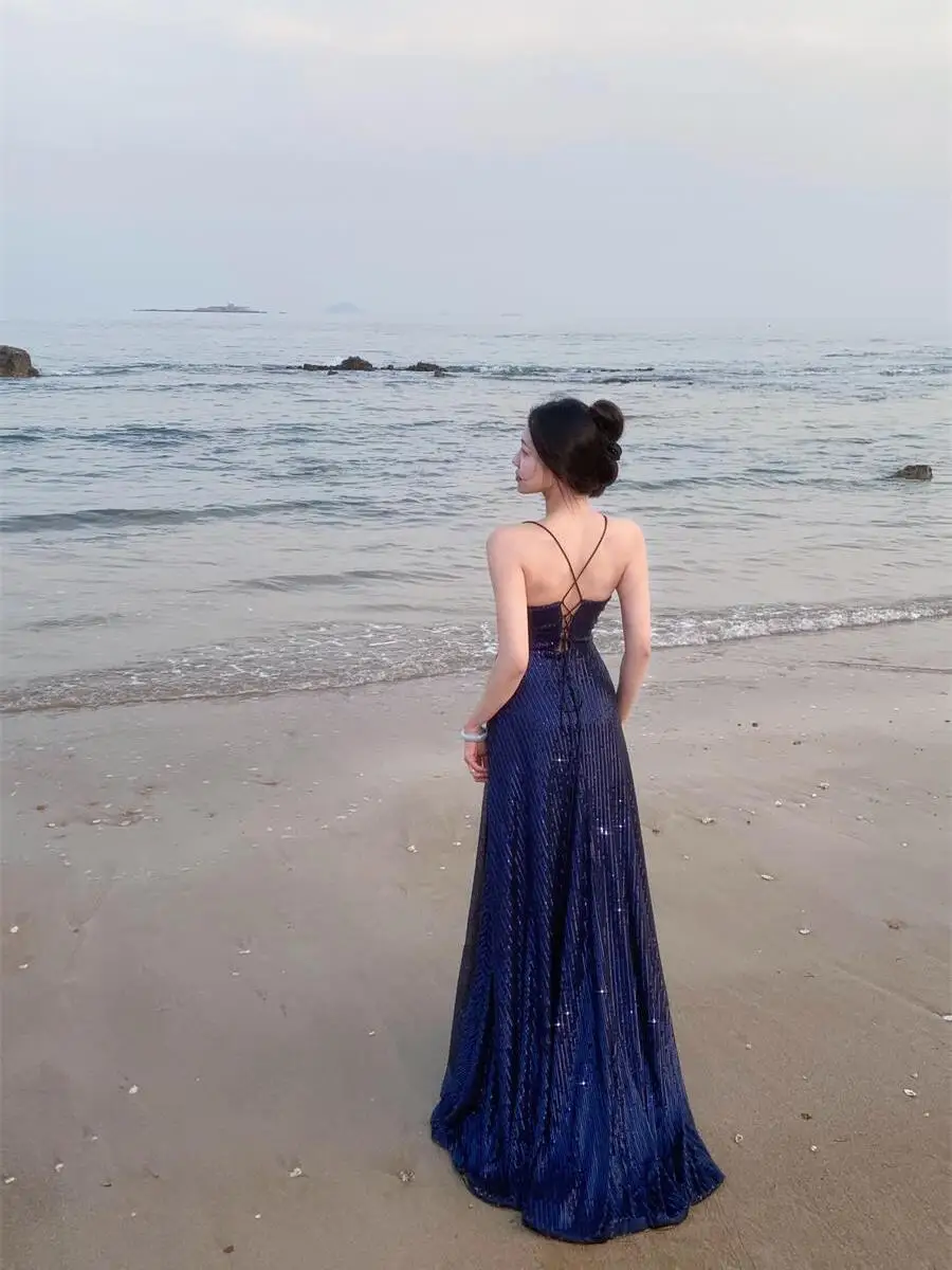 

Ele Long Floor-Length Bal Sequin Dr Beach Par aduation Celebration Glittering Evening Gown for Women