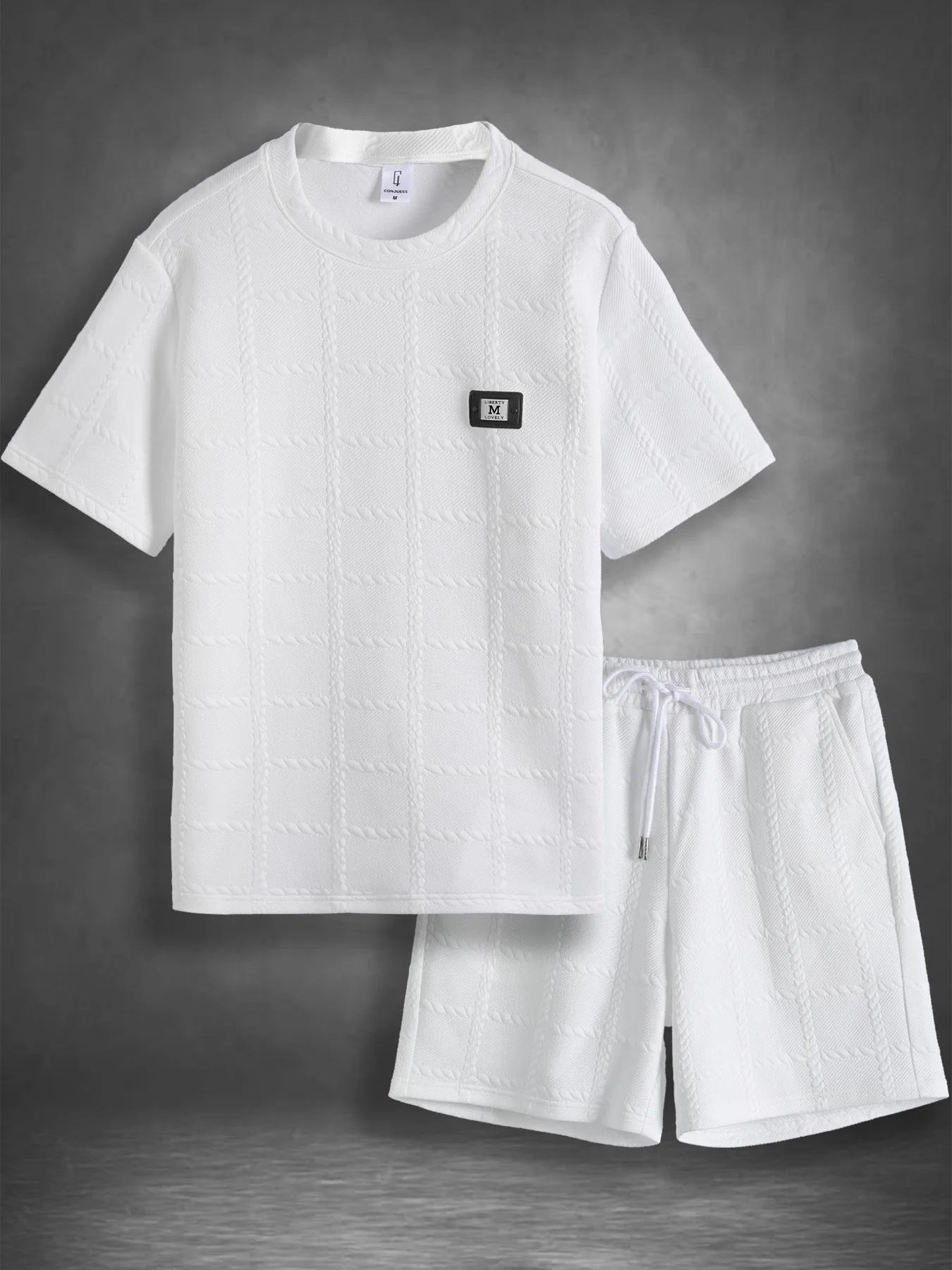 

Men's White Cable Knit Texture Casual Set 2 Piece Crew Neck T-Shirt & Drawstring Shorts Outfi