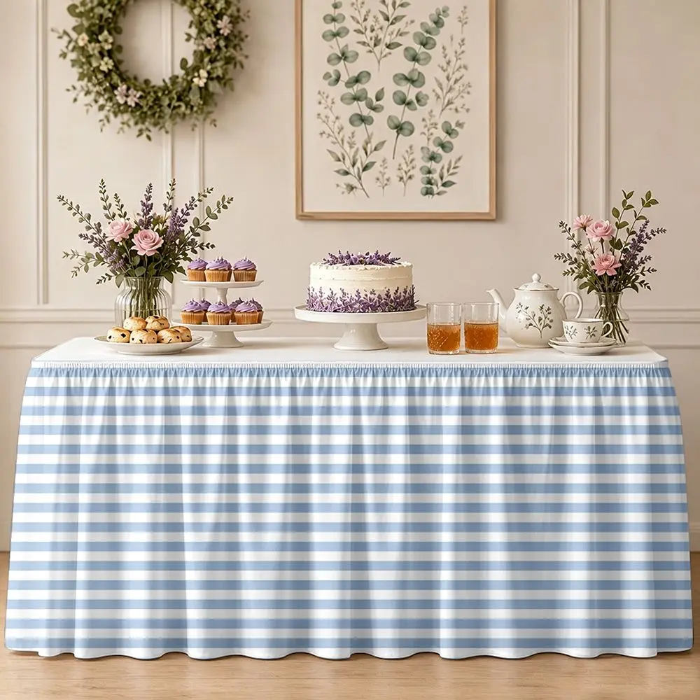 One-piece party table skirt decoration - light blue and white horizontal striped ruffled table edge