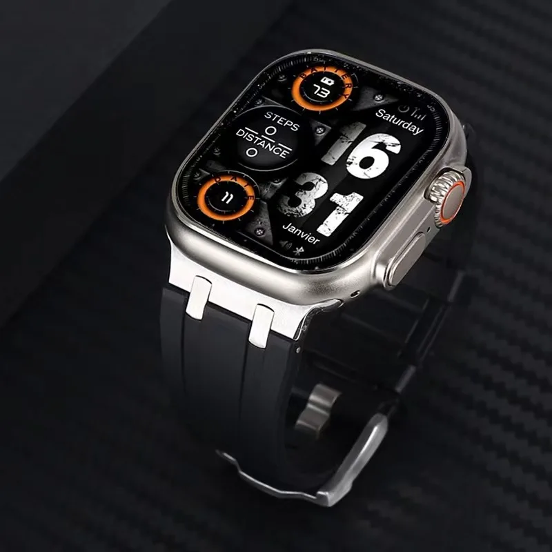 Titanium Color Metal Head Silicone Band for Apple Watch Ultra 2 49mm 45/44/42mm Rubber Strap for Iwatch Series 9 8 7 6 5 4 Se 3