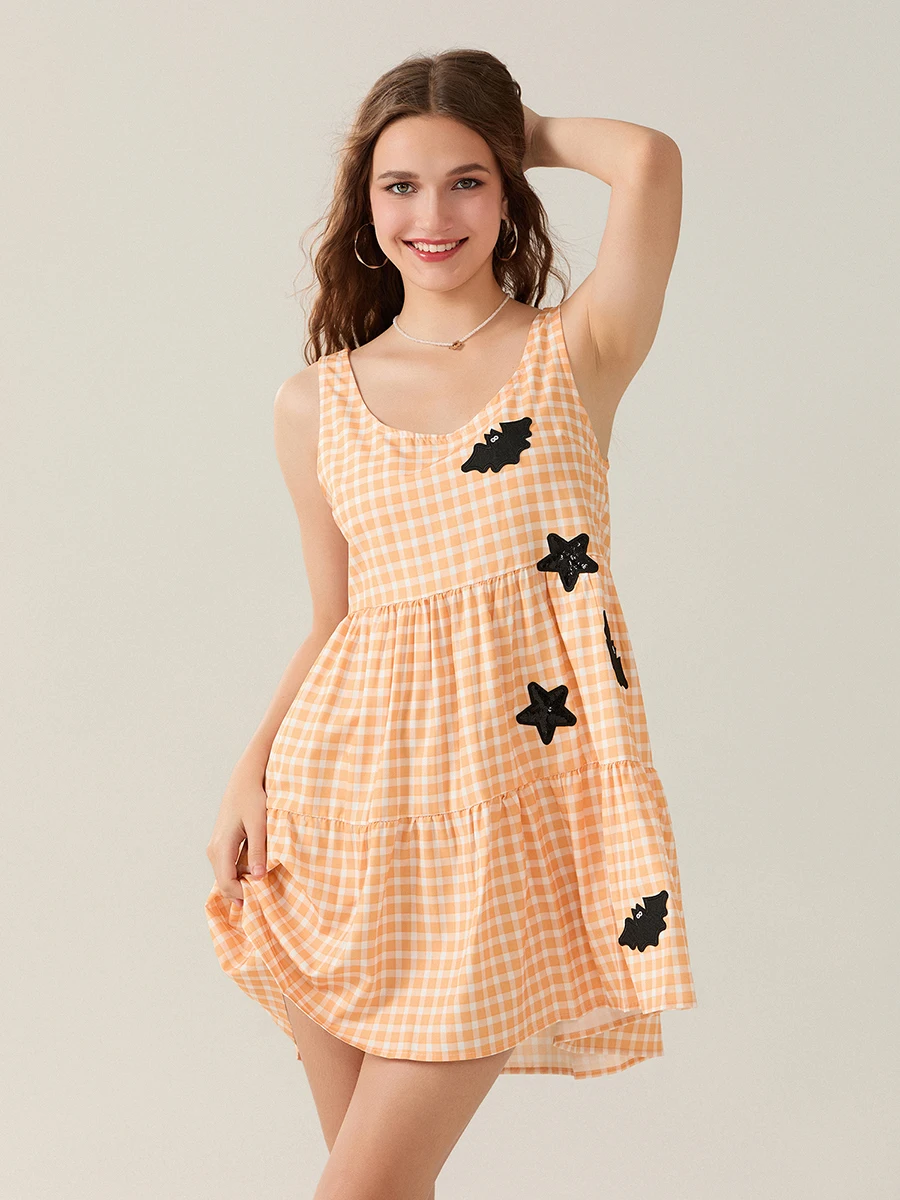 Women Sleeveless Plaid Print A-line Mini Dress with U Neckline and Star Embellishments - Summer Tank Dress