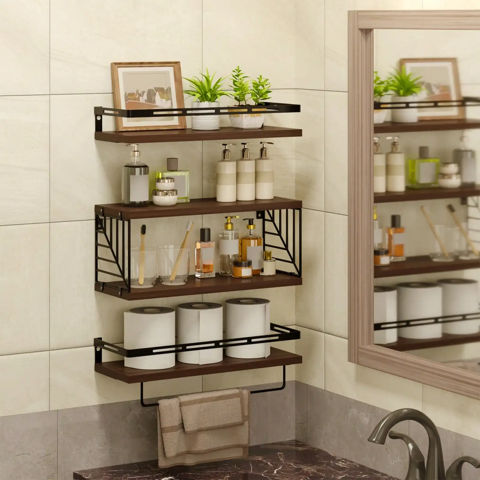 3+1 Tier Wall Mounted Bathroom Shelves Over Toilet, Bathroom Organizer Storage, Room Decor, Floating Shelves, Rustic Wood Floating Shelves With Metal Frame And Towel Bar For Bathroom, Kitchen, Bedroom, Living Room