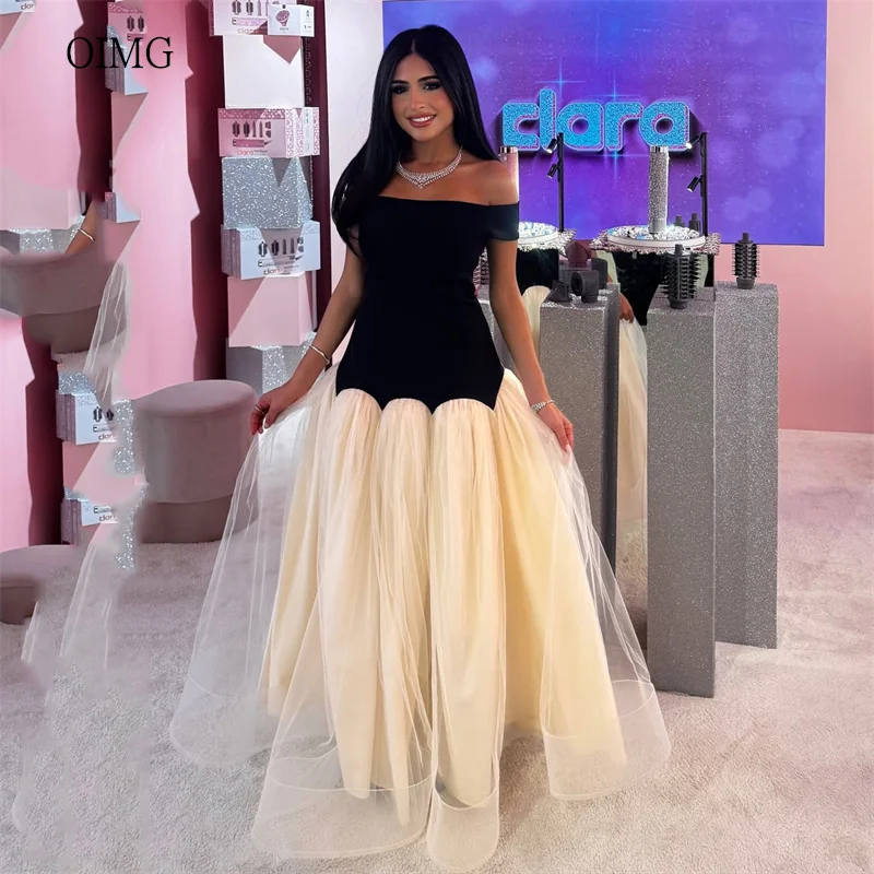 

OIMG Elegant Contrast Color A Line Prom Gowns Off The Shoulder Party Gown Floor Length Evening Dress vestidos de gala Customized