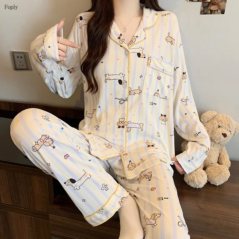 

Korean Version Women's Pajamas Set Striped Sleepwear for Women Spring and Autumn New Long-sleeved Thin Set Cartoon Dog Homewear