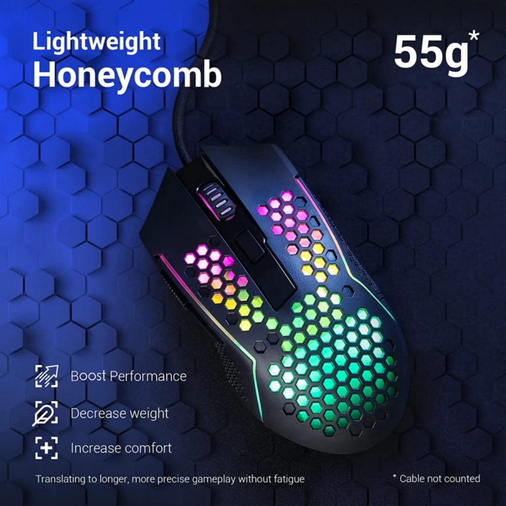 Imagem -02 - Redragon Leve 55g Honeycomb Gaming Mouse Rgb Retroiluminado com Fio Botões Programável 12400 Dpi para Windows Computador pc