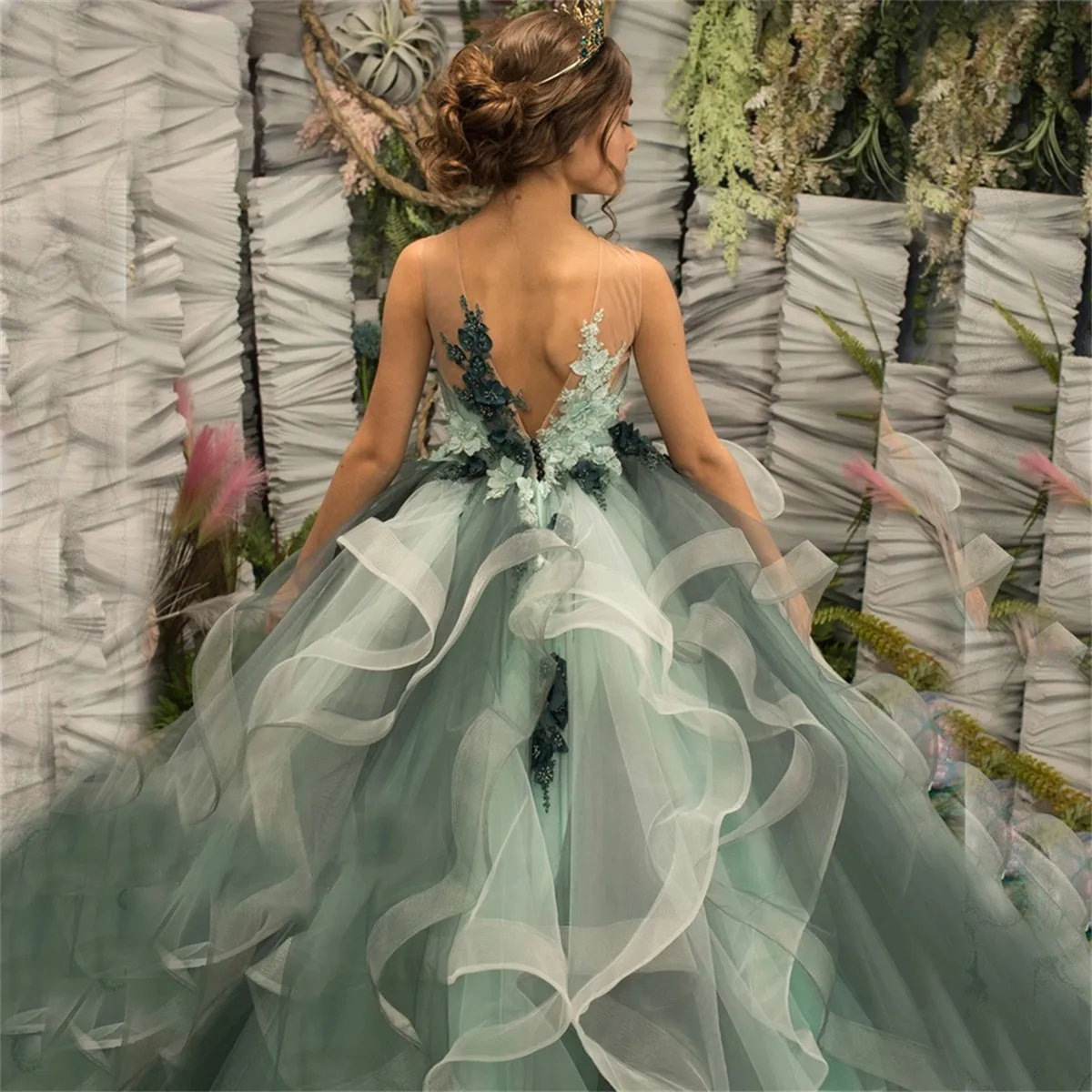 Eleganti abiti da ragazza di fiori con volant in Tulle senza maniche verde menta per abiti da prima comunione con applicazioni di pizzo principessa da sposa