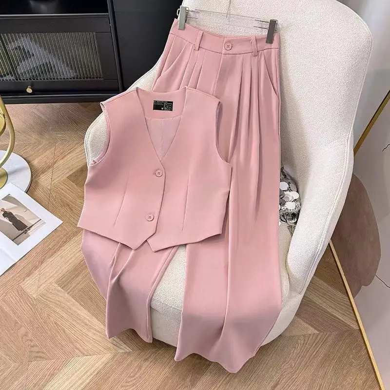 

Новый французский элитный летний женский костюм, элегантный модный жилет без рукавов с v-образным вырезом, укороченный топ + широкие брюки, комплект из двух предметов OL