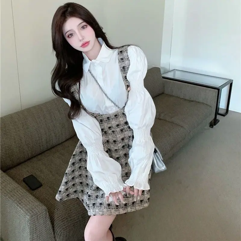 Spring Autumn Set Women\'s Middle School Bubble Sleeve Long Sleeve Shirt Women\'s Checkered Waist Strap Skirt Two Piece Set