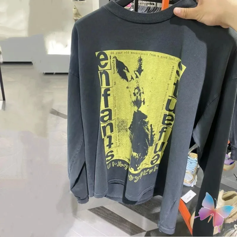 Hiphop Street Men Women Long Sleeve Tshirt ERD Sweatshirts Yellow Abstract Print Letter Vinatge Washed Hole Black Pullover