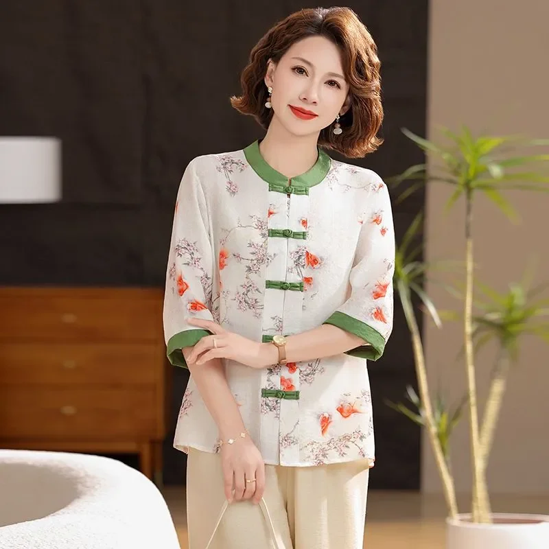 

Women's Chinese Style Floral Print Frog Button 3/4 Sleeve Blouse Retro Loose Fit Top for Middle Aged Daily Wear