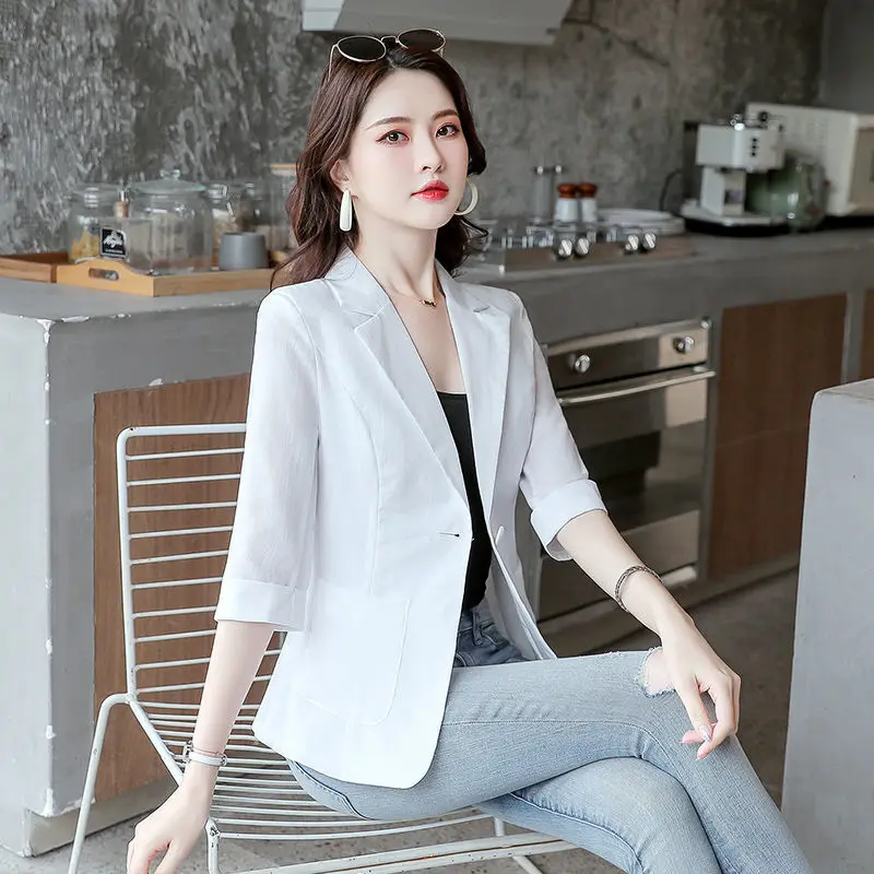 2025 Women's Blazer Denim Fitted Jacket Outerwears Black White Office Lady Elegant Single Button Blazer Work Wear Suit Coat