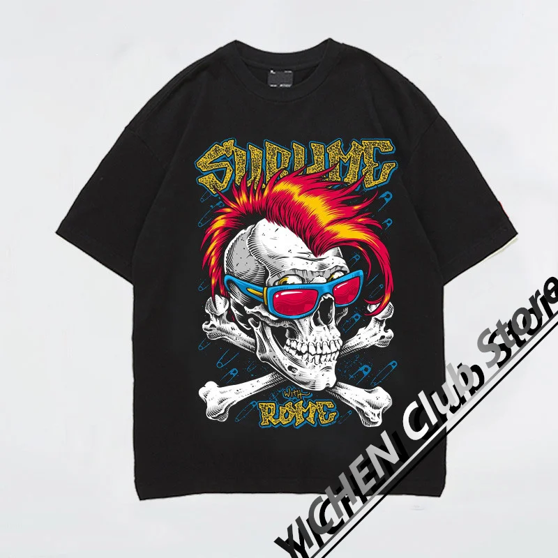 

Punk Skull Motorcycle T-Shirt Dark Trendy Brand Goth Rock Reaper Short Sleeve Street Personality Cotton Casual Men's T-Shirt
