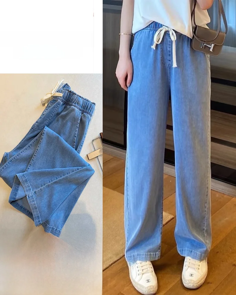

High Waist Thin Denim Jeans Women's Casual Straight Leg Long Pants Summer Drapey Loose Fit Junior High School Students