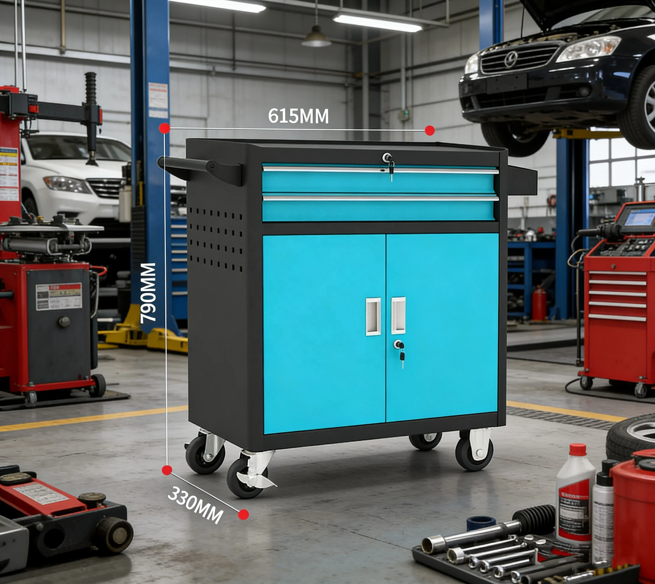 

Heavy-Duty Iron Blue Tool Storage Cart Two Upper Drawers Double-Door Lower Cabinet Fixed Swivel Casters Customizable Colors
