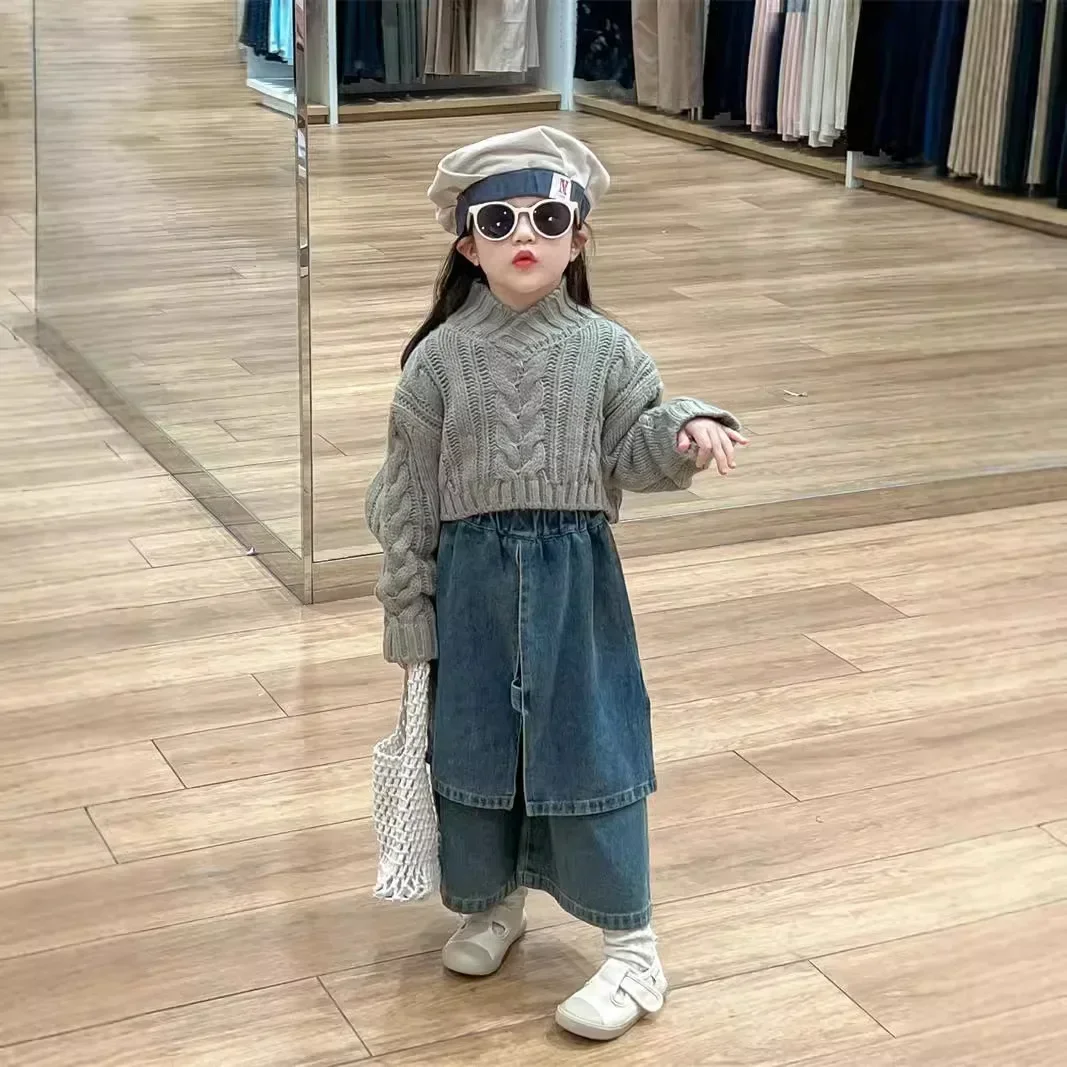 

2026 Autumn New Korean Style Childrens Clothes Baby Girls sweater Retro Pullover Knitted Sweater Fashion Pants