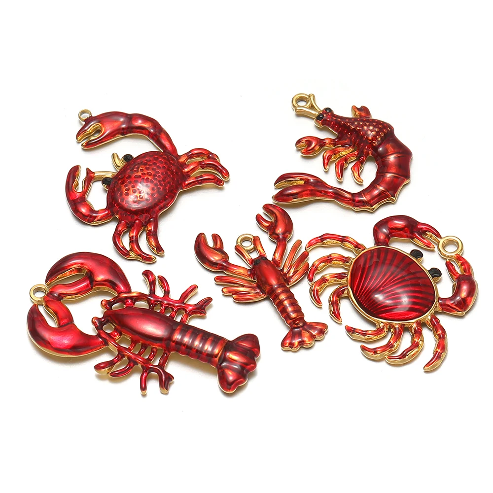 4 Stück Edelstahl-Anhänger mit roter Emaille in Form von gekochtem Hummer und Krabbe für DIY-Schmuck, Kinder-Halsketten und Damen-Ohrringe. – Detail 3