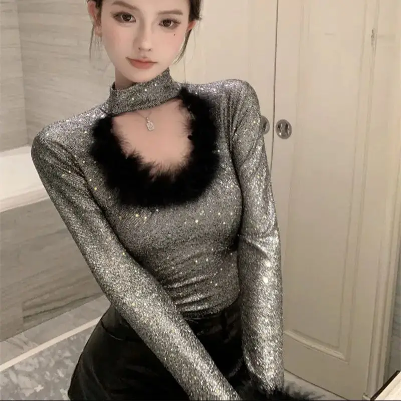 Big U-Neck Hollow Wool Long Sleeved Women'S Clothing Sex All Match Tees Solid Color Slimming T-Shirt Hollow Out Female Clothes