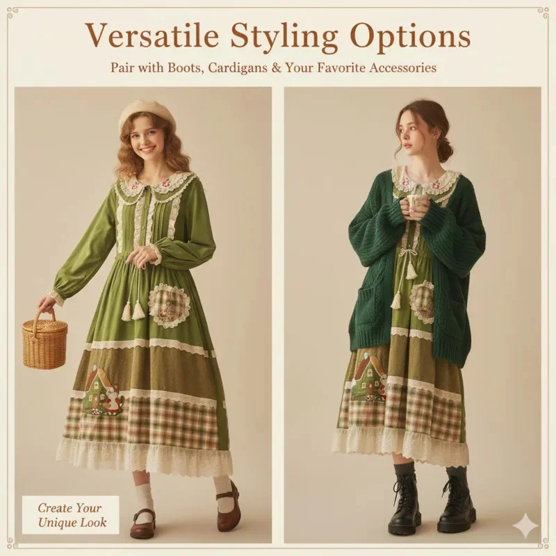 

Y2K Corduroy Doll Collar Dresses Green Mini Dresses Autumn Winter Waist Loose Plus Long Sleeve A-Line Dresses Midi Dresses New