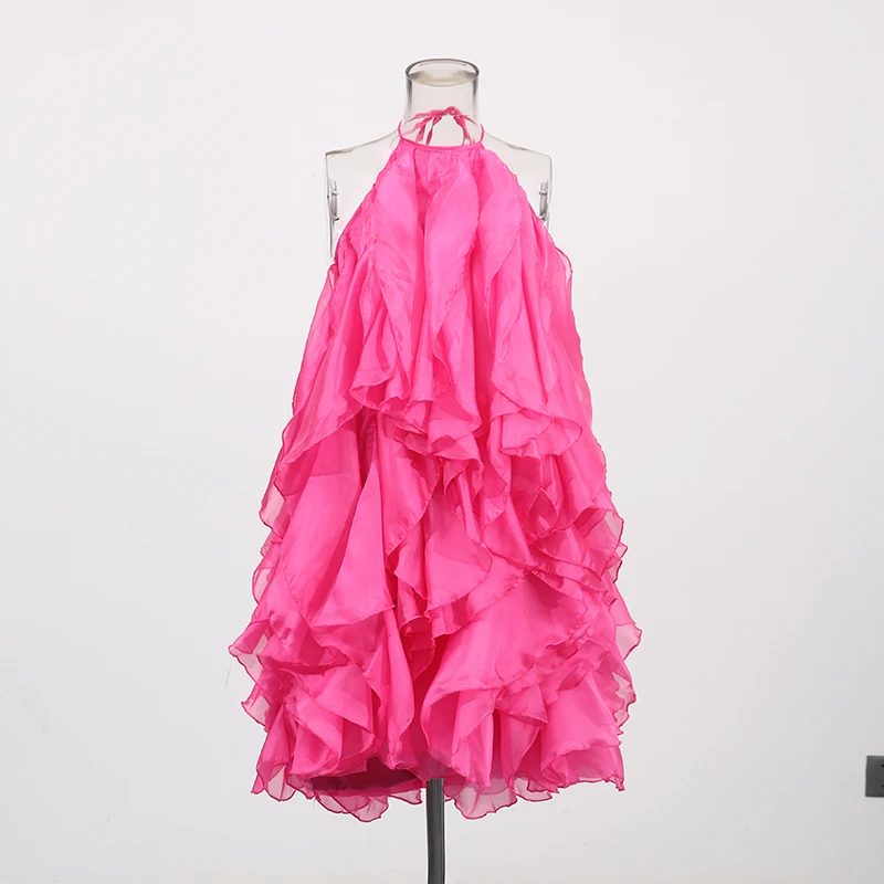 TWOTWINSTYLE Solid Patchwork Ruffles Mini Dress For Women Halter Sleeveless Backless High Waist Slimming Dresses Female Style