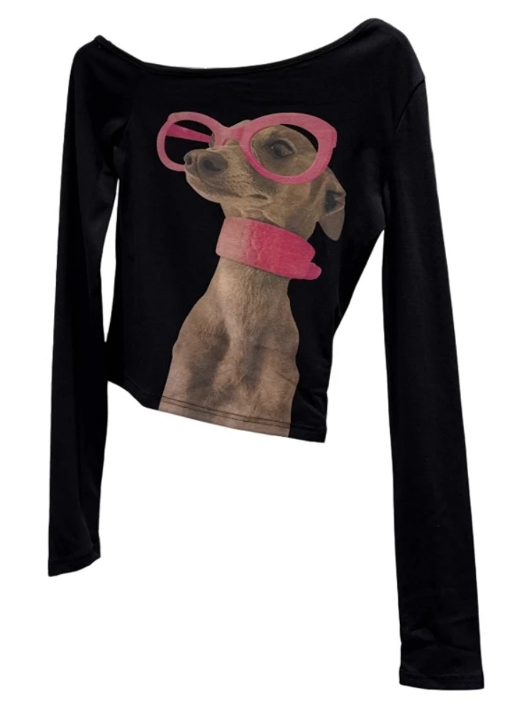 2025 nova camisa básica malha dos desenhos animados impressão cão topo feminino gótico punk camiseta e menina magro manga longa camisetas streetwear cyber y2k topos