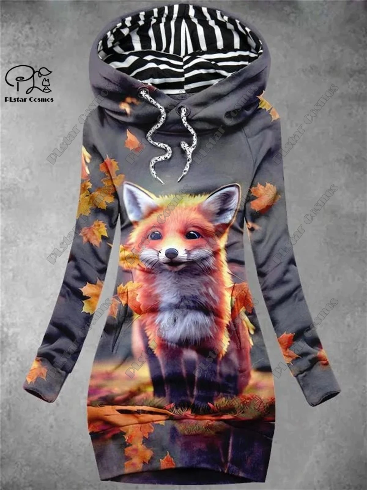 PLstar Cosmos 3D printed women's long sweatshirt dress animal series cute fox pattern casual slimming series