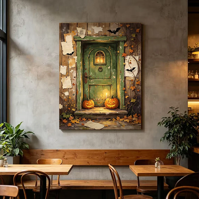 Vintage Rustic Green Wooden Door Canvas Wall Art, Fall Autumn Halloween Jack O Lantern Maple Leaf Bat Print Poster, Farmhouse Sp