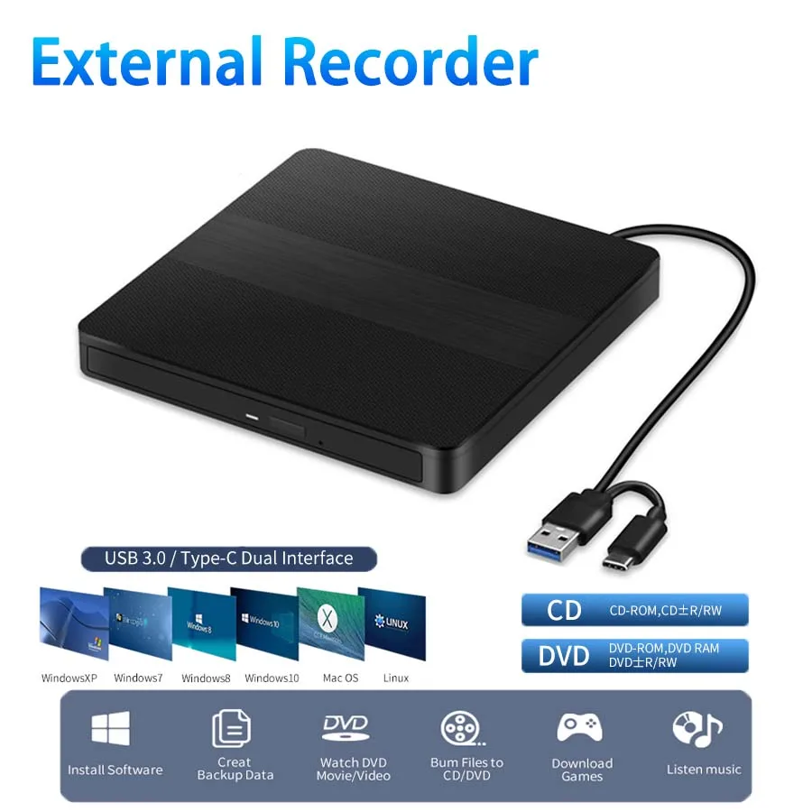 

External DVD Drive 2 in 1 USB 3.0 Type-C Portable DVD RW CD Writer Burner Reader Player Optical Drives For Laptops Desktop PC