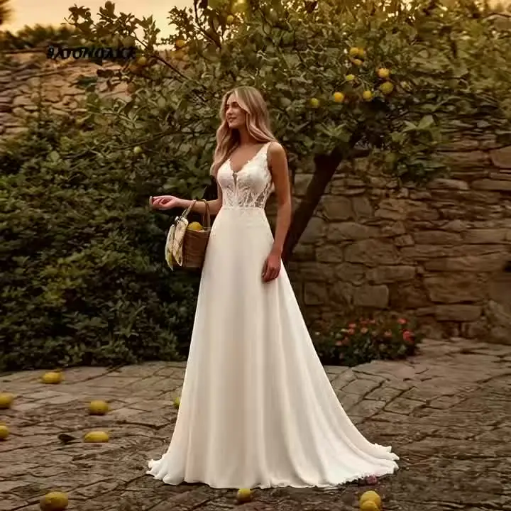 Customized Elegant Simple V-Neck Lace Chiffon Wedding Dress for Women A-Line Sleeveless Appliques Bride Gown Vestidos De Novia