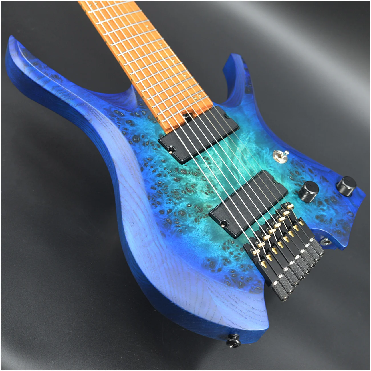 2026 NK guitar Fanned frets 8 Strings A wedge neck joint Headless Electric Guitar Blue Green Burst color Poplar burl Maple Neck