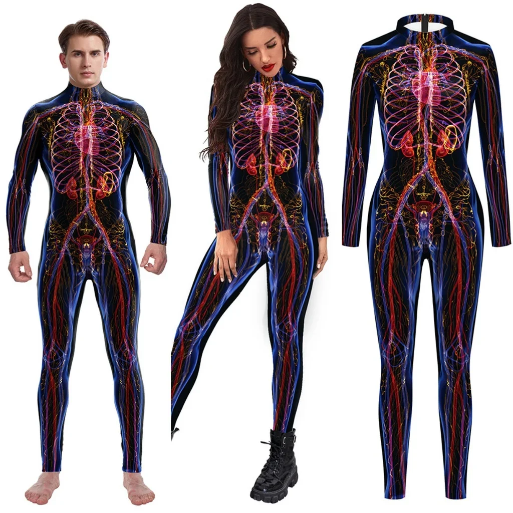 

Women Men Human Body Muscle Skull 3D Printed Jumpsuit Skeleton Halloween Cosplay Costume Slim Suit