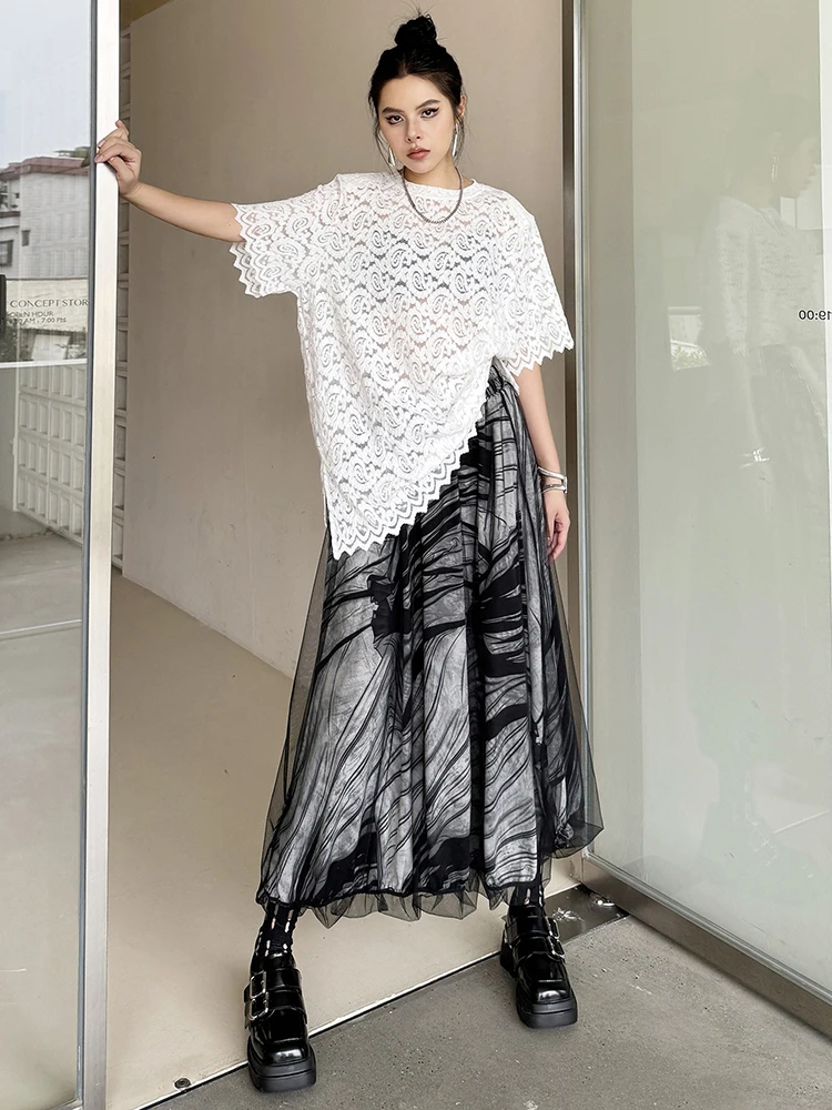 [EAM] High Elastic Waist Pattern Printed Mesh Midi A-line Half-body Skirt Women Fashion Tide New Spring Autumn 2024 1DH5847