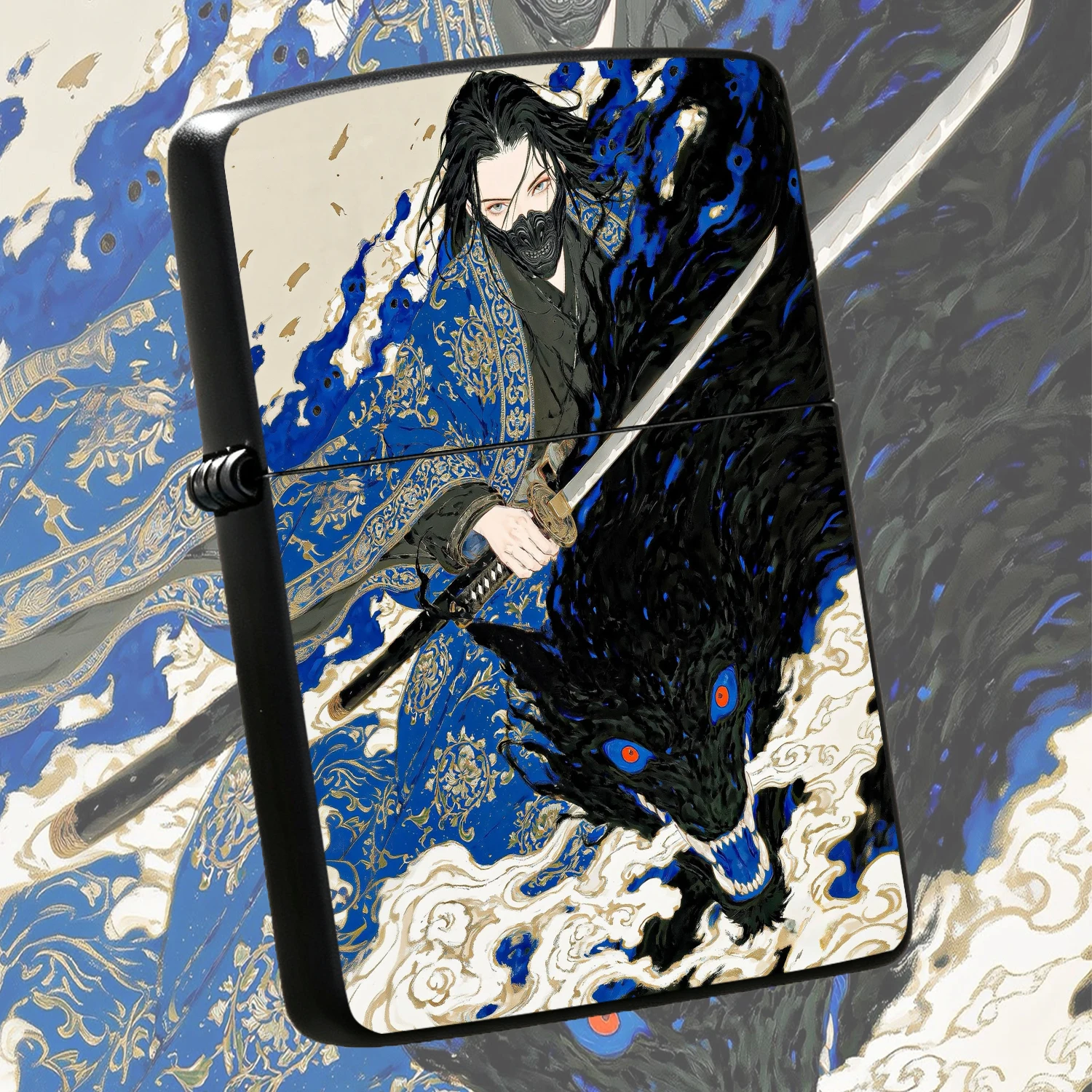 Vintage Ukiyo-E Style Lighter, Retro Blue Gold Pattern Dark Guard Spirit Hunter Themed Art Print, Aesthetic Desktop Decor, Creative Collectible Gift For Daily Use, Ideal For Gifting And Personal Carrying In All Scenes A Humorous And Interes