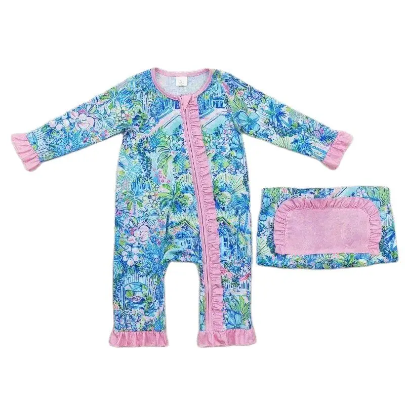 

Infant girls blue floral Rompers Clothing Newborn boutique wholesale zipper Sleeper baby kids long Sleeves hot sale onesie