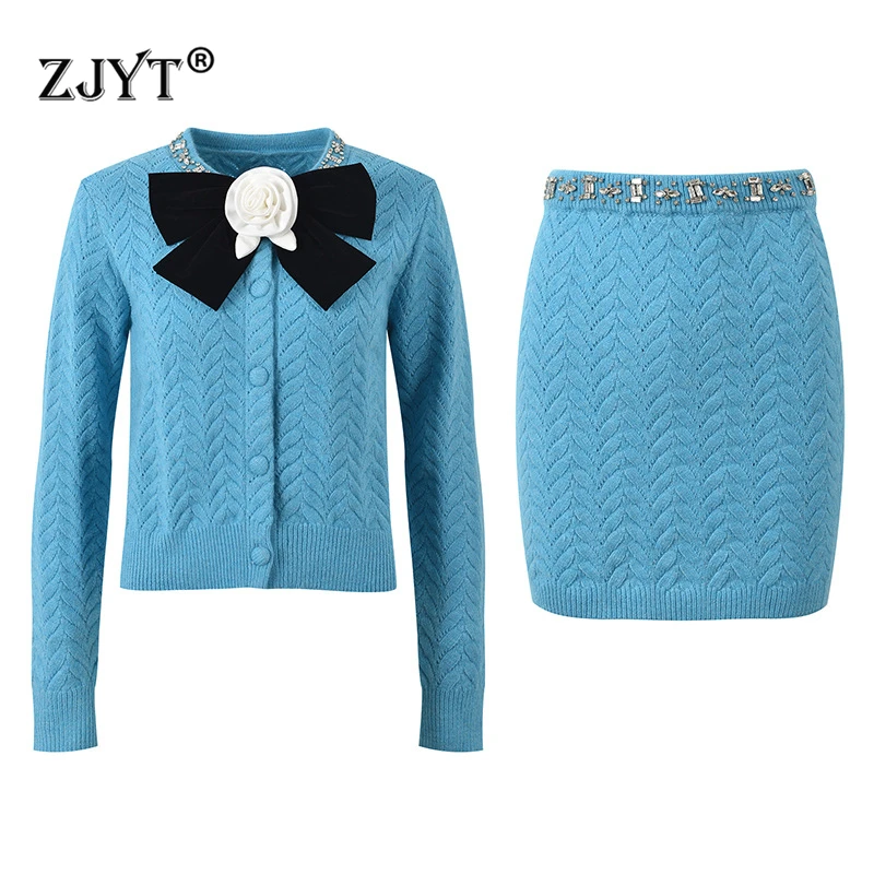 

ZJYT Autumn Winter Knitted Dress Sets Two Pieces Womens Outfits Fashion Long Sleeve Beading Floral Bow Sweater and Skirt Suit