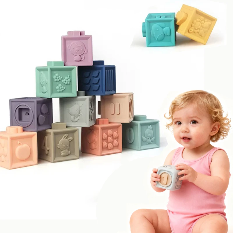 Bloques de construcción de silicona para bebés, juguetes Montessori para bebés, apilador para apretar, juguetes para la dentición, juguete de Aprendizaje Temprano para niños y niñas