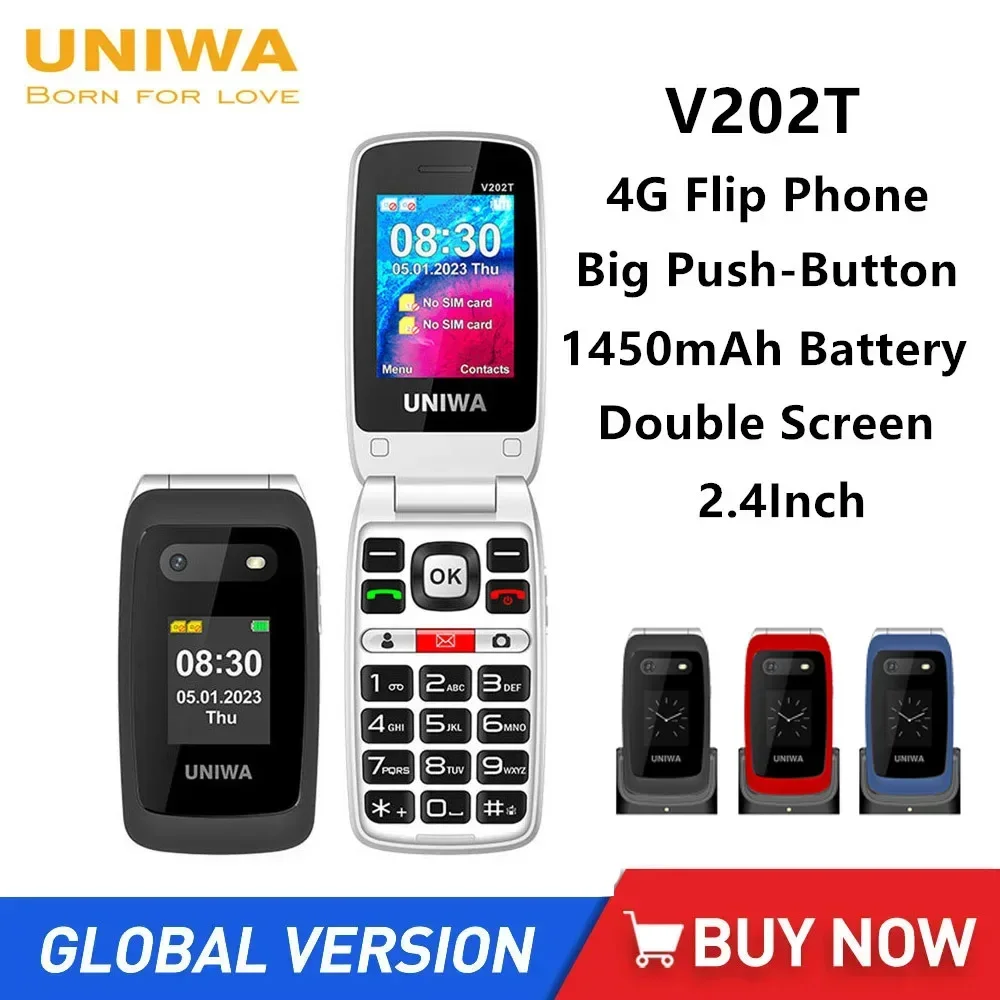 UNIWA V202T 4G Flip Phone Large Button for Elderly Mobile Phone 2.4Inch Screen 1450mAh With Emergency Call Button Global Version