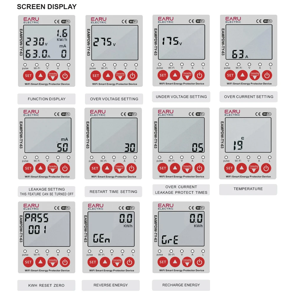 2P 63A TUYA APP WiFi Smart Circuit Earth Leakage Over Under Voltage Protector Relay Device Switch Breaker Energy Power kWh Meter