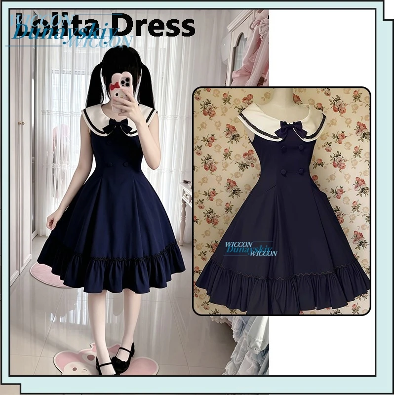

Japanese Vintage Harajuku Lolita Women Y2k Sleeveless Sailor Collar Double Breasted Midi Dress Bow Ruffle Hem Korean Party